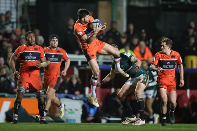 Edinburgh's Blair Kinghorn takes a high ball in the Heineken Champions Cup tie at Leicester Tigers. (Photo by David Rogers/Getty Images)