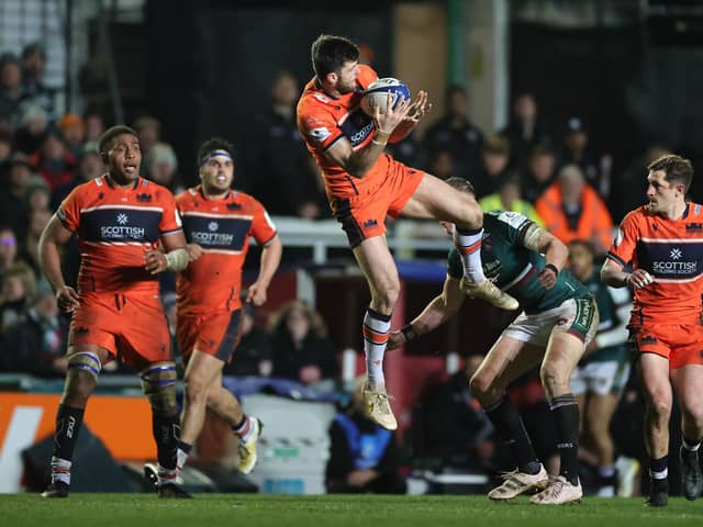 Edinburgh's Blair Kinghorn takes a high ball in the Heineken Champions Cup tie at Leicester Tigers. (Photo by David Rogers/Getty Images)