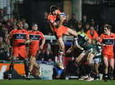 Edinburgh's Blair Kinghorn takes a high ball in the Heineken Champions Cup tie at Leicester Tigers. (Photo by David Rogers/Getty Images)