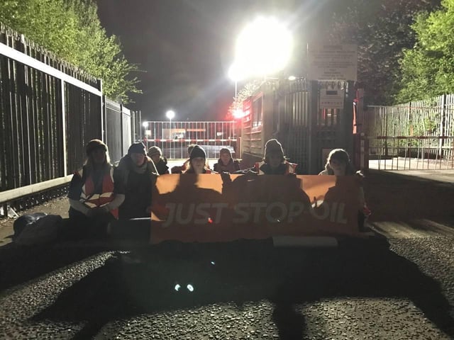 Protest at the entrance to the Nustar Clydebank oil terminal