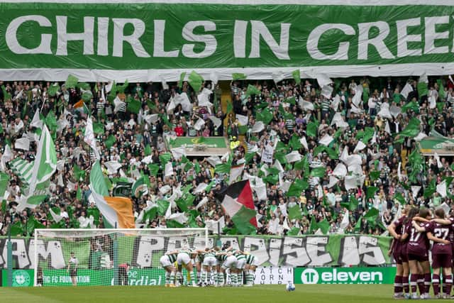 A Celtic fans display during a Scottish Women's Premier League match against Hearts on May 21, 2023. (Photo by Ewan Bootman / SNS Group)