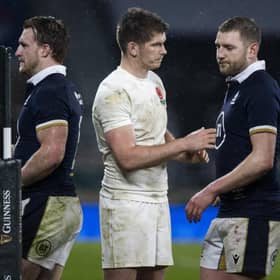 Scotland's Finn Russell and Owen Farrell after the Calcutta Cup match at Twickenham in 2021. (Photo by Craig Williamson / SNS Group)
