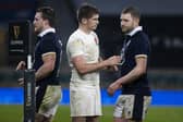 Scotland's Finn Russell and Owen Farrell after the Calcutta Cup match at Twickenham in 2021. (Photo by Craig Williamson / SNS Group)