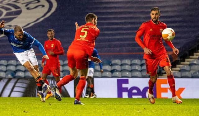 Kemar Roofe makes it 2-0 for Rangers against Benfica at Ibrox before the Portuguese side hit back to claim a point from the Europa League Group D match. (Photo by Alan Harvey / SNS Group)