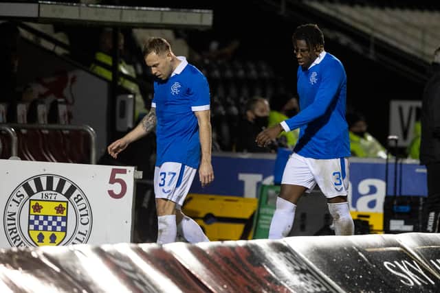 Scott Arfield and Calvin Bassey trudge off during Rangers' last visit to Paisley in the Betfred Cup quarter final.