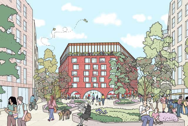 An artist's impression of how the hub would fit into the wider regeneration of the former brewery site at Fountainbridge, Edinburgh.