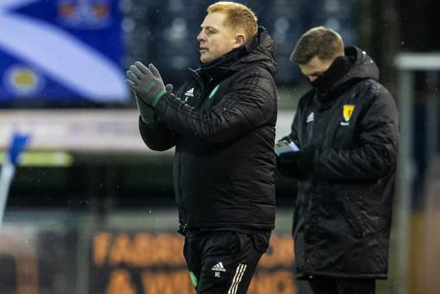 Celtic manager Neil Lennon applauds his side efforts during their 4-0 victory at Kilmarnock. (Photo by Alan Harvey / SNS Group)