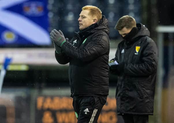 Celtic manager Neil Lennon applauds his side efforts during their 4-0 victory at Kilmarnock. (Photo by Alan Harvey / SNS Group)