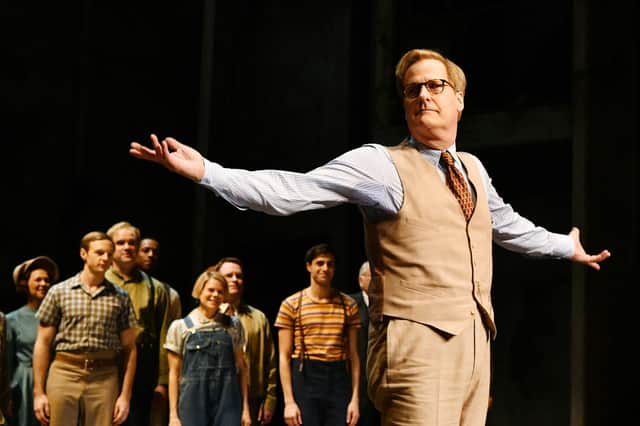 Jeff Daniels takes a bow during curtain call after the opening night performance of To Kill A Mocking Bird at the Shubert Theatre in New York City (Picture: Slaven Vlasic/Getty Images)