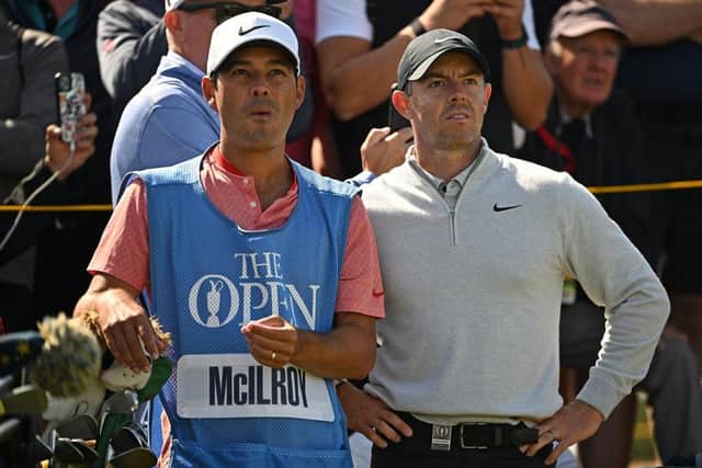 Rory McIlroy, the winner at Hoylake in 2014, with his caddie Harry Diamond on the 15th tee during a practice round for the 151st Open. Picture: Paul Ellis/AFP via Getty Images.