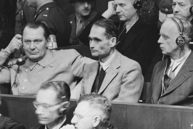 From left: Hermann Göring, Rudolf Hess, and Joachim von Ribbentrop face justice at the Nuremberg Trials in 1946 following the Second World War (Picture: Central Press/Hulton Archive/Getty Images)
