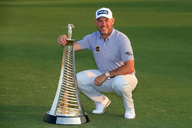 Lee Westwood poses with the Race to Dubai trophy after the final round of last month's DP World Tour Championship at Jumeirah Golf Estates. Picture: Andrew Redington/Getty Images.