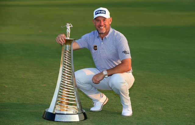 Lee Westwood poses with the Race to Dubai trophy after the final round of last month's DP World Tour Championship at Jumeirah Golf Estates. Picture: Andrew Redington/Getty Images.