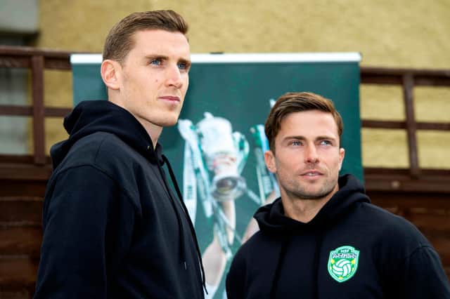 Paul Hanlon (left) believes that Lewis Stevenson (right) still has much to offer Hibs as the left-back closes in on his 500th appearance for the club. Photo by Ross MacDonald/SNS Group