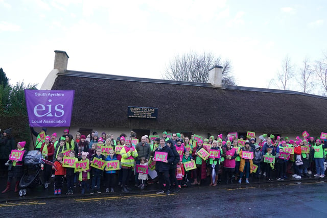 Striking teachers from the EIS gather on the anniversary of Robert Burns' birth in 1759 outside the cottage in Alloway, Ayrshire, where he was born, as a rolling programme of regional action reaches its halfway point, with teachers in both South Ayrshire and Edinburgh taking strike action in a dispute over pay.