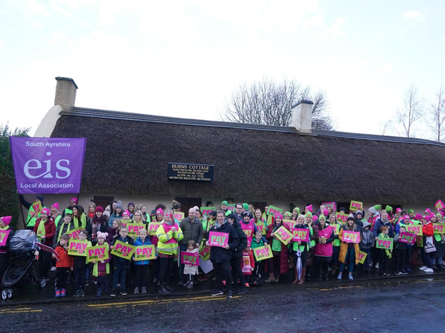 Striking teachers from the EIS gather on the anniversary of Robert Burns' birth in 1759 outside the cottage in Alloway, Ayrshire, where he was born, as a rolling programme of regional action reaches its halfway point, with teachers in both South Ayrshire and Edinburgh taking strike action in a dispute over pay.