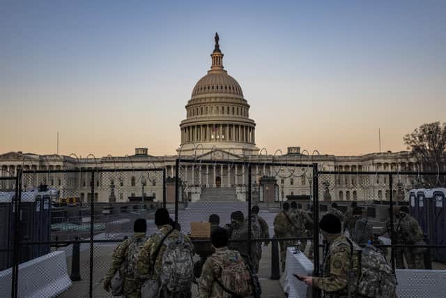 Members of the National Guard secure the grounds around the US Capitol ahead of the impeachment trial against former president Donald Trump. Picture: Tasos Katopodis/Getty