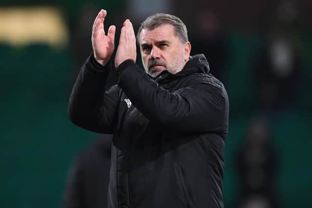 Celtic manager Ange Postecoglou applauds the home fans after the 2-0 win over St Mirren.  (Photo by Ross MacDonald / SNS Group)