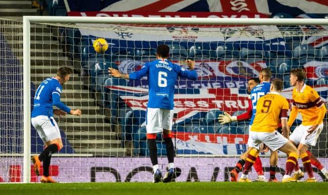 Cedric Itten makes it 2-1 for Rangers against Motherwell at Ibrox. (Photo by Ross MacDonald / SNS Group)