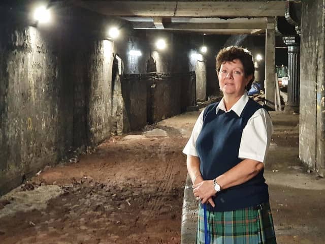 Glasgow Central Station Museum curator and tour guide Jackie Ogilvie on the disused platform. Picture: John Devlin