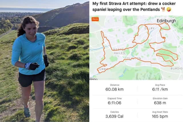 Chiara running near Arthur's Seat in Edinburgh and an image of her Strava art work which she recently created picture: supplied