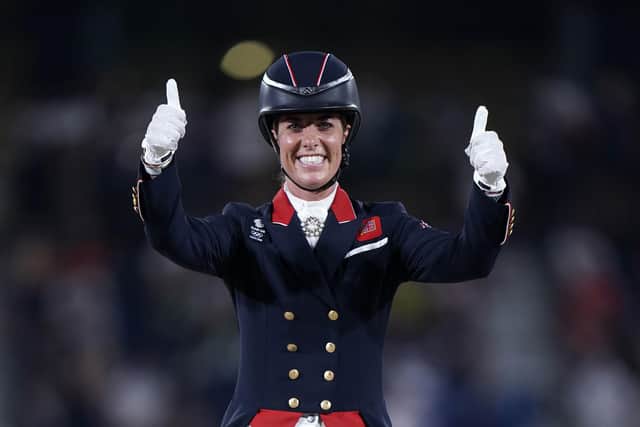 Great Britain's Charlotte Dujardin on Gio, gives the thumbs up during the Grand Prix Freestyle - Individual Final on the fifth day of the Tokyo 2020 Olympic Games (Picture: Danny Lawson/PA Wire)
