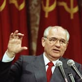 Mikhail Gorbachev addresses a group of 150 business executives in San Francisco, Monday, June 5, 1990.