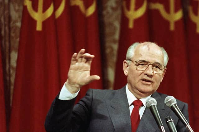 Mikhail Gorbachev addresses a group of 150 business executives in San Francisco, Monday, June 5, 1990.