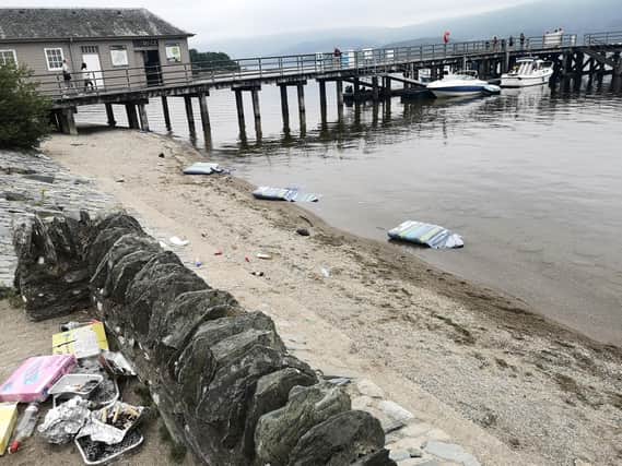 Debris left after a party at Luss Pier on Tuesday night. Residents said there had been a rise in 'intolerable' behaviour at the beauty spot in recent times. PIC: Contributed.