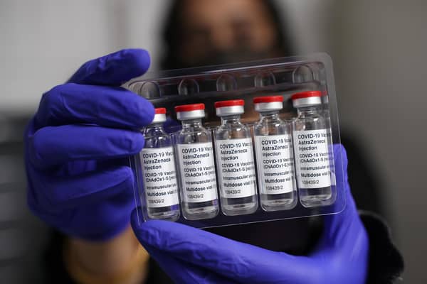 Vials of the Oxford/AstraZeneca coronavirus vaccine at Copes Pharmacy and Travel Clinic in Streatham, south London. Picture date: Friday April 9, 2021.