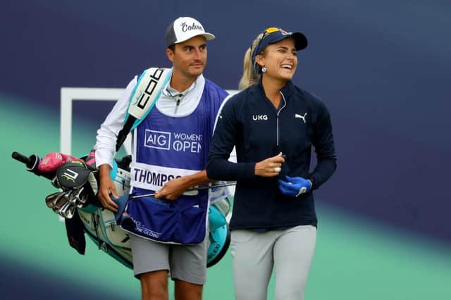 Lexi Thompson and her caddie, local man Paul Drummond. have struck it off instantly in the AIG Women's Open at Carnoustie. Picture: Andrew Redington/Getty Images.