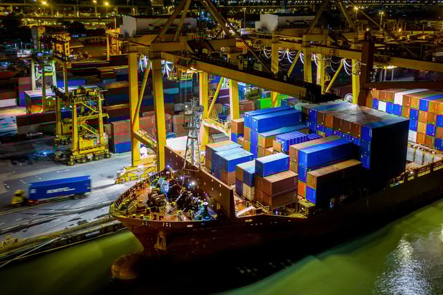 An aerial view of a container ship.