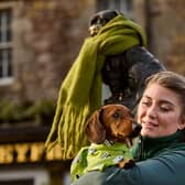 Edinburgh Dog and Cat Home staff member Jennifer Mallen with her 4 year old Daschund Cupar adorning the Greyfriars Bobby and Bum the Dog statues in Edinburgh with scarves to symbolise warmth and compassion that the community can provide to vulnerable animals and their owners during these cold months.