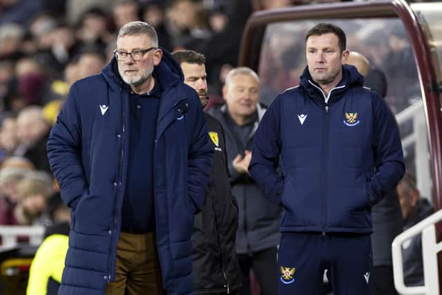 St Johnstone manager Craig Levein (L) and assistant manager Andy Kirk look on during the defeat by Hearts.