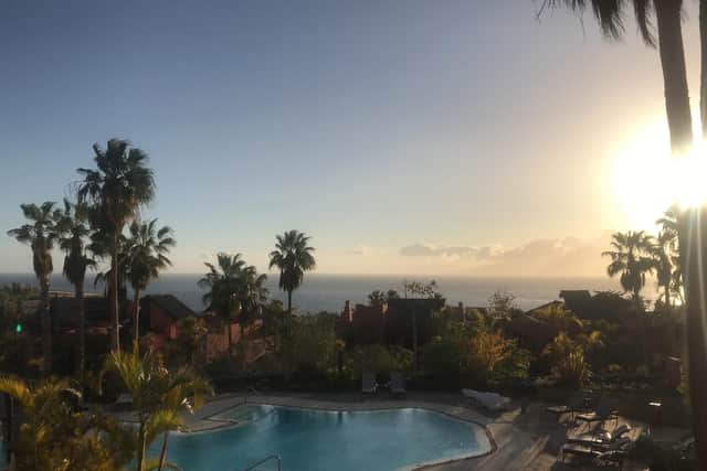 Sunset over the Villa Club pool, The Ritz-Carlton Abama, Tenerife. Pic: PA Photo/Scarlett Sangster.