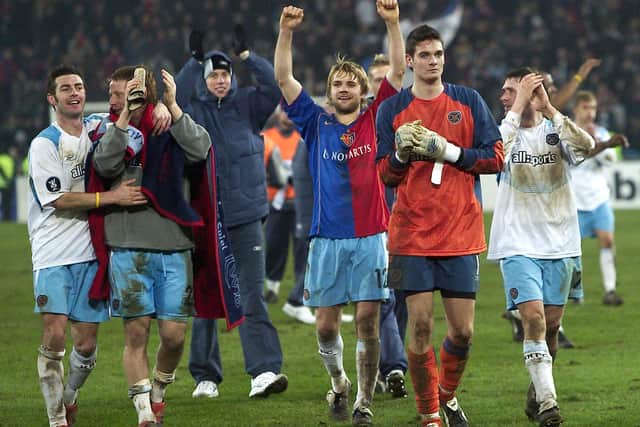 Neilson celebrates after he scored the winning goal for Hearts in Basel. Picture: SNS