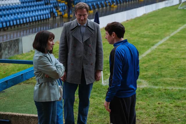 Morven Christie with Steve Edge and Gerard Kearns in Floodlights, BBC's drama about Andy Woodwards experience of sexual abuse in the football world. Pic: Expectation TV, Matt Squire