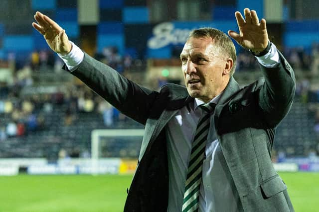 Celtic manager Brendan Rodgers celebrates winning the Premiership title after the 5-0 win at Kilmarnock. (Photo by Craig Foy / SNS Group)