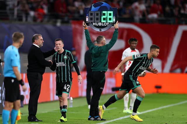 Celtic captain Callum McGregor is replaced by Oliver Abildgaard after picking up a knee injury in the Champions League defeat to RB Leipzig. (Photo by Martin Rose/Getty Images)