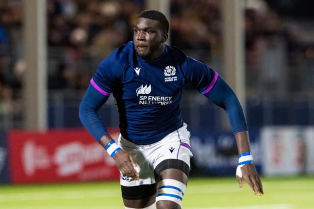 Olujare Oguntibeju in action for Scotland during a Six Nations Under-20 match against England at the DAM Health Stadium on February 4. (Photo by Ross Parker / SNS Group)