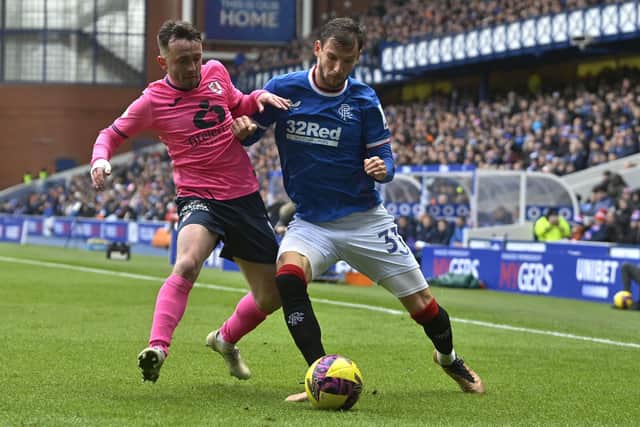 Rangers left-back Borna Barisic tussles with Raith winger Aidan Connelly during the Scottish Cup quarter-final tie at Ibrox on Sunday. (Photo by Rob Casey / SNS Group)
