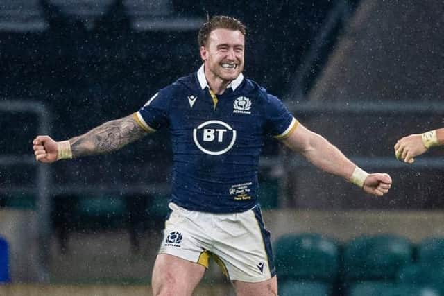 Scotland Captain Stuart Hogg celebrates at Full Time during the Guinness Six Nations match between England and Scotland at Twickenham Stadium on February 06, 2021, in London, England. (Photo by Craig Williamson / SNS Group)