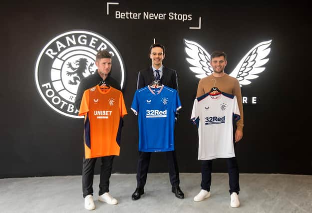 Castore co-founders Phil and Tom Beahon (left) are pictured with Rangers' Commercial and Marketing Director James Bisgrove (centre) as The Rangers Store is officially re-opened on August 6. Picture: SNS
