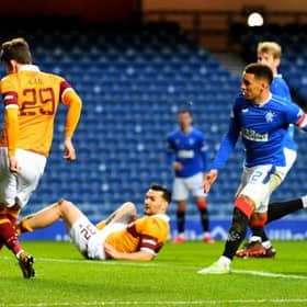 Callum Lang gives Motherwell the lead in the sixth minute against Rangers at Ibrox. (Photo by Ross MacDonald / SNS Group)