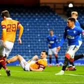 Callum Lang gives Motherwell the lead in the sixth minute against Rangers at Ibrox. (Photo by Ross MacDonald / SNS Group)