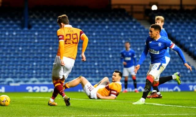 Callum Lang gives Motherwell the lead in the sixth minute against Rangers at Ibrox. (Photo by Ross MacDonald / SNS Group)