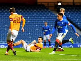 Callum Lang gives Motherwell the lead in the sixth minute against Rangers at Ibrox. (Photo by Ross MacDonald / SNS Group)