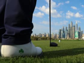 Shane Lowry lines up a tee shot on the picturesque 8th hole during the Pro-Am prior to the Hero Dubai Desert Classic at Emirates Golf Club. (Photo by Luke Walker/Getty Images)