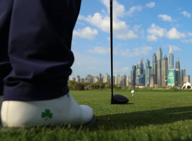 Shane Lowry lines up a tee shot on the picturesque 8th hole during the Pro-Am prior to the Hero Dubai Desert Classic at Emirates Golf Club. (Photo by Luke Walker/Getty Images)