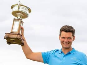 Craigielaw's Angus Carrick with the trophy after his win in the 2021 Scottish Amateur Championship at Murcar Links. Picture: Scottish Golf.